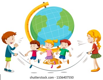 Niños saltando delante de la ilustración del globo