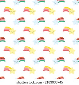 Children sky pattern with flying comets. Vector kawaii pattern isolated on white background.Use for apparel prints, congratulations, bedding and packaging, interior wallpaper, birthday and shower