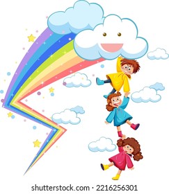 Children in the sky with rainbow illustration