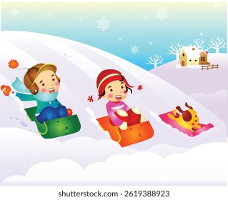 
Children sled down snowy hill.