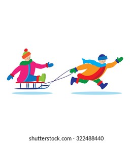 Children with sled. Illustration, elements for design.