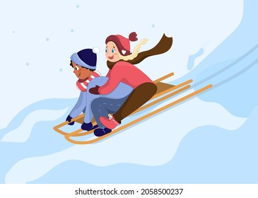 Children are sledding down the hill. Happy children's characters in cartoon style. Snowy weather, winter entertainment, the concept of outdoor activities