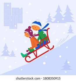 Children sledding down the hill. Vector image on the background of fir trees and houses. A boy takes a girl on a sled in winter.