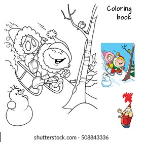 Children sledding down the hills. Coloring book. Cartoon vector illustration