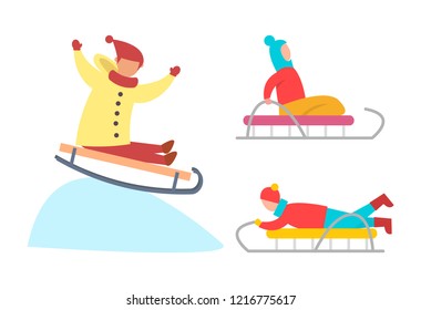 Children sledding down snowy ice slopes vector. Winter activities of kid on vacation, kid wearing warm coat and hat going downhill wintertime fun