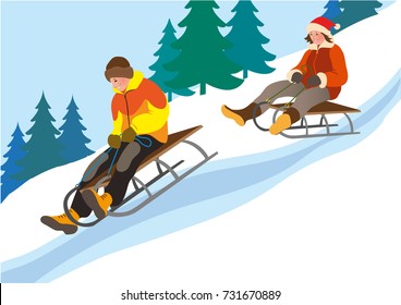 Children sledding from snow hills