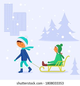 Children sledding. Vector image on the background of Christmas trees and city background. A boy takes a girl on a sled in winte