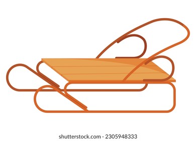 Children sledges. Winter seasonal classic childhood transport vehicle for outdoor leisure recreation. Snow wooden and metallic sledge, equipment for outdoor activities