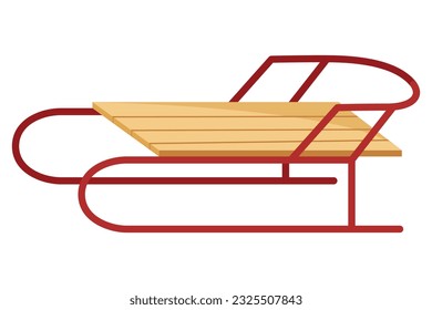 Children sledges. Winter seasonal classic childhood transport vehicle for outdoor leisure recreation. Snow wooden and metallic sledge, equipment for outdoor activities