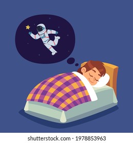 Children sleep. Kid in bed dreaming of space flight. Boy wants to become astronaut. Character thinking about cosmonaut and space exploration. Vector teenager imagines himself spaceman