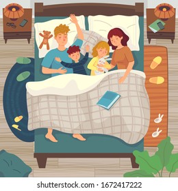 Children sleep in parents bed. Co-sleeping with child. Dad, mom and kids sleep together, asleep young boy and girl vector illustration. Family sleep together in bed, mother and father with kids