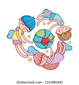 children sleeping around earth planet with heart