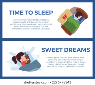 Children sleeping in bed, banners set - flat vector illustration. Time to sleep and sweet dreams inscriptions. Cute little girl hugging teddy bear asleep. Bedtime concept.