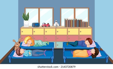 Children sleeping in beds at room illustration