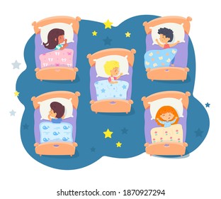 Children sleeping in beds set. Little boys and girls lying under blankets on pillows in bedroom or kindergarten. Asleep at night dreaming. Happy childhood vector illustration, blue background.