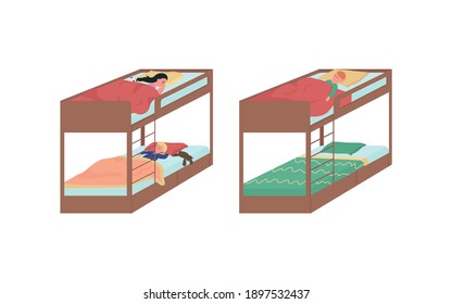 Children sleeping on bunk beds flat color vector faceless character set. Girl and boys naptime. Kids bedroom isolated cartoon illustration for web graphic design and animation collection