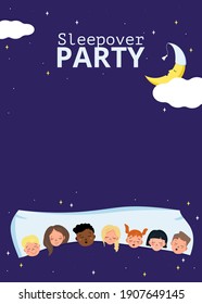 Children sleepover poster in pyjama party style. Card with text on a blue background. Children of different nationalities sleep together on a pillow, sleepy moon and stars. Vector flat illustration