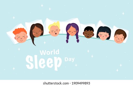 Children Sleepover Poster In Pyjama Party Style. Horizontal Bright Banner For World Sleep Day. Children Of Different Nationalities Sleep Together On A Pillow. Vector Flat Illustration