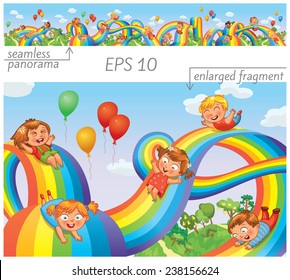 Children slide down on a rainbow. Roller coaster ride. Vector illustration. Seamless panorama