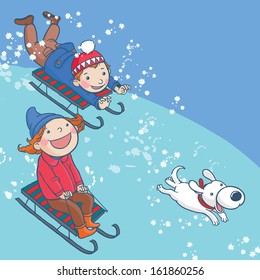 Children sliding down of the hill. Winter activities. Isolated objects on Snow Winter background. Great illustration for school books, magazines, advertising and more. VECTOR.