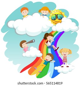 Children sliding down the rainbow illustration