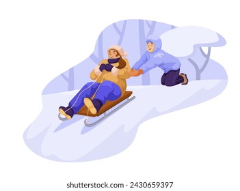 Children sliding on sledge from snowy hill. Cute cartoon design, winter sport activity, happy kid, laughing boy and girl with sleigh. Outdoor christmas holiday leisure. Vector illustration