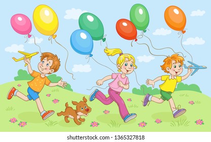 Children and small dog run with colorful balloons on a warm summer day. In cartoon style. Vector illustration.