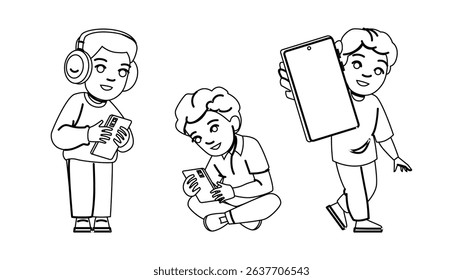 children smartphone kid boy vector. internet little, game tablet, play happy children smartphone kid boy character. people black line pencil drawing illustration