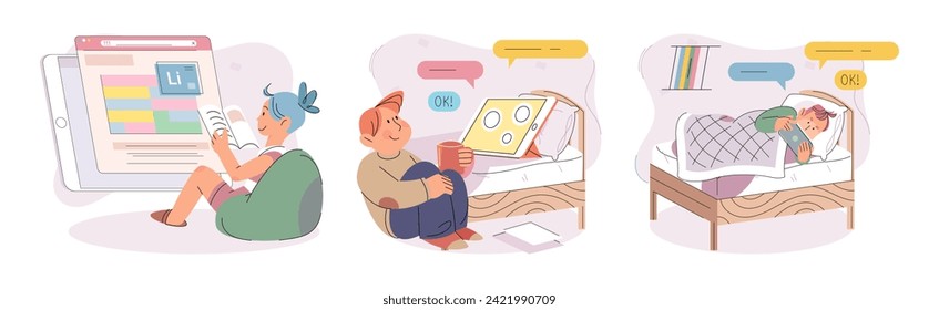 Children with smartphone. Vector illustration. Mobile phones offer access to internet, enabling children to explore and learn online Elementary school children are mastering use smartphones