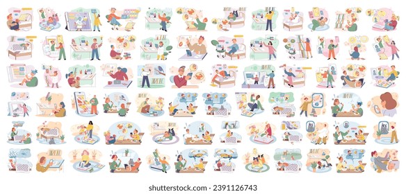 Children with smartphone. Vector illustration. Children nowadays are often seen with smartphones in their hands The use technology has become prevalent among school kids Smartphones have become