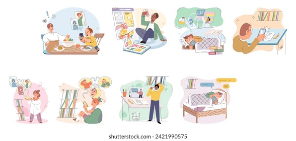 Children with smartphone. Vector illustration. Schoolers and schoolboys are becoming increasingly reliant on their phones for various purposes Smartphones have become essential tool in educational