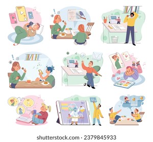 Children with smartphone. Vector illustration. The telephone has evolved into smart phone, powerful device for communication and information access Mobile phones, including cellphones, have Mobile