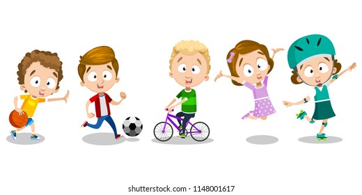 Children smile, play, jump, ride, enjoy holidays. Energetic boys are running around with ball and riding bicycle. Cheerful girls do jumps and riding roller skates. Cartoon vector on white background