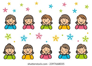 The children smile and put their hands on their cheeks.