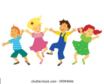 Children with smiling faces are playing, jumping and dancing.