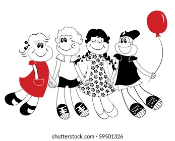 Children with smiling faces are playing and jumping