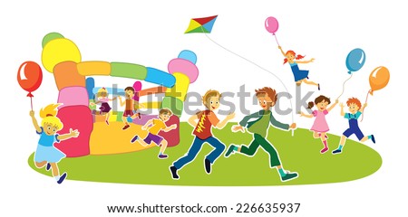 Children with smiling faces are playing, jumping and running,  