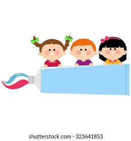 Children smiling with healthy teeth and holding a toothpaste. Vector illustration