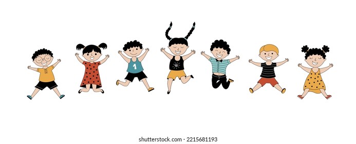 Children smiling and jumping. Vector background with happy kids in different positions isolated on a white background. Can be used for banners, posters, and websites. 