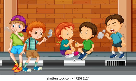 Children smoking and doing drugs on the street illustration