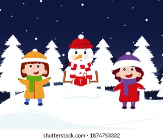 Children with snigovik celebrate New Year 2021. Merry Christmas together with children and snigovik. Cheerful children blinded the snigovik and put a scarf and a hat on him. Vector illustration