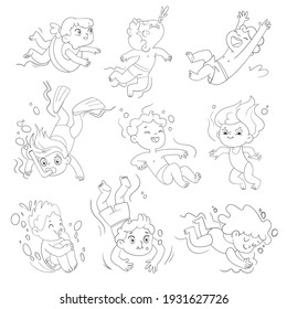 Children snorkeling. Set. Funny cartoon character. Vector illustration. Isolated on white background. Coloring book