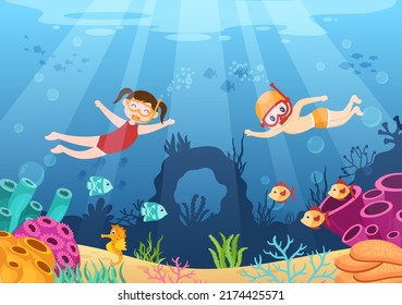 Children Snorkeling with Underwater Swimming Exploring Sea, Coral Reef or Fish in the Ocean in Flat Cartoon Vector Illustration