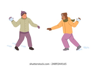 Children at snowball fight on winter holidays, people fun activities outside. Kids having fun and throwing snow balls, playing wintertime game. Flat vector illustration of happy kids