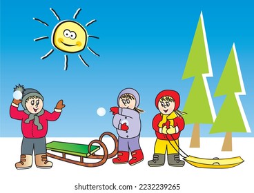 Children and snowballing, winter landscape, vector cute illustration