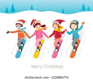 Children Snowboarding Together, Winter Season, Christmas, New Year, Xmas, Festive, Celebrations, Holiday