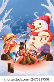 Children and snowman barbecue in the snow