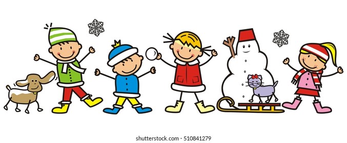 children and snowman, vector icon
