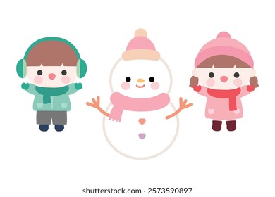 Children and snowmen in winter