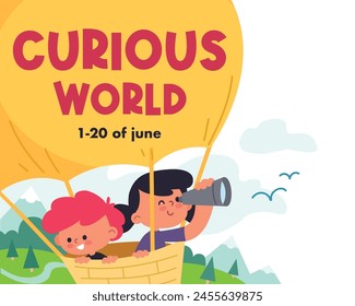 Children soaring, flying in hot air balloon, above ground, looking through telescope. Kids friends adventure activities, traveling activity around world, exploring new places, passionate, enthusiastic